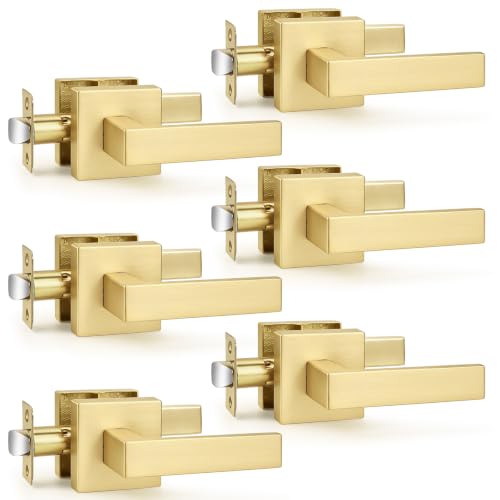 Probrico Passage Gold Closet Door Handles, 6 Pack Interior Non-Locking Square Zinc Alloy Lever, Reversible for Right & Left Side