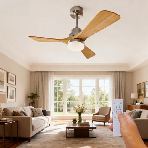 36 Inch Wooden Ceiling Fan with Light, Solid Wood Blades & LED Lighting, 6-Speed Reversible Motor, Remote Control, Quiet Indoor Ceiling Fan for Bedroom, Living Room, Kitchen - Natural Wood by Kekopa - Used condition - US$55.20
