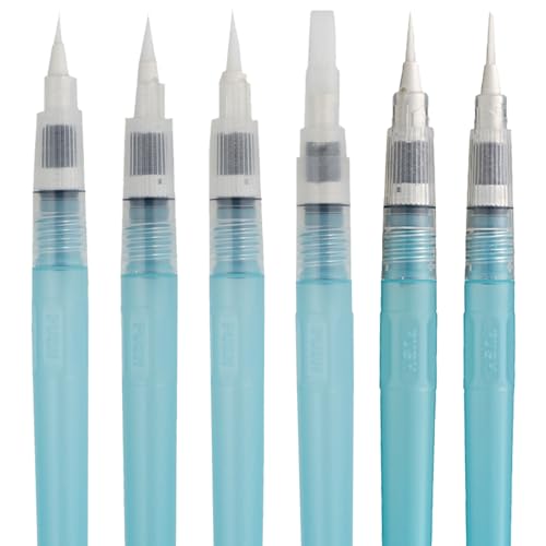 Kuretake Juego de 6 pinceles de acuarela largos, bolígrafos de pincel de agua, color fuudo, plano, menso, puntas de pincel flexibles surtidas, para profesionales, artistas, adultos, niños, fabricado