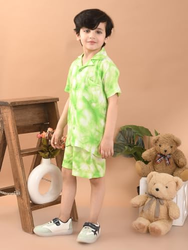Image of superminis Baby Boys Rayon Tie-Dye Printed Co-ord Set With Notched Collar Shirt and Shorts
