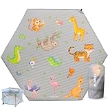 Self Inflating Hexagon Playpen Mat - 52' x 45' Non-Slip Cushioned Portable Play Area - Thick Soft Baby Play Mats for Floor - Easy Care Playmat for Infants and Toddlers - Baby Crawling Mat - Safari