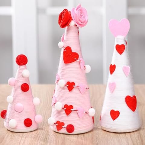 VioraWhite 3 Pcs Valentine Day Tree Table Decorations Pink White Red Decor Tabletop Yarn Wrapped Farmhouse Mini Trees Valentine's Day Centerpiece Sign for Indoor Room Kitchen Shelf Decor Cover