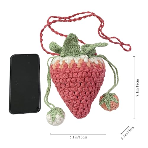 Handmade Knitted Purse Wool Woven Purse Strawberry Shaped Shoulder Bag for Women Crossbody Bag with Drawstring4