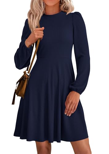 Image of PRETTYGARDEN Womens Long Sleeve Mini Dress 2026 Fall Trendy Crewneck Ribbed Knit Soft A Line Flowy Summer Formal Dresses