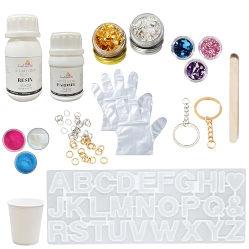 Image of ICRAFTYWORLD DIY Resin Art Kit with Mould Pendant, Alphabet Keychain, Jewellery Making Kit Resin Art Set Resin Kit for Beginners with Alphabet Mould & More 68 Pcs