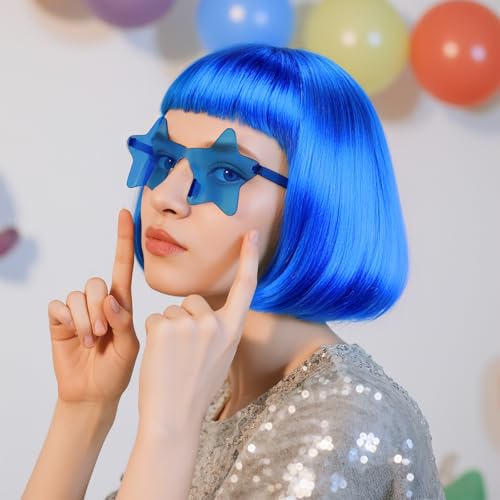 Image of ANOGOL Royal Blue Bob Wig with Bangs Navy Blue Wigs for Women Colored Wigs | Hair Cap+Sunglasses Short Neon Wig for Bachelorette Party Funny Outfit for Women Halloween Costume Night Club Crazy Hair Day