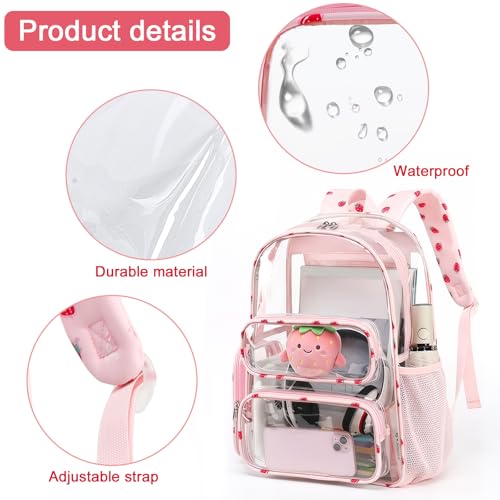 Image of BTOOP Clear Backpack Heavy Duty Transparent Backpack 17 inch See Through Bookbag for College Work Festival Security Padded Strap (Pink Strawberry)