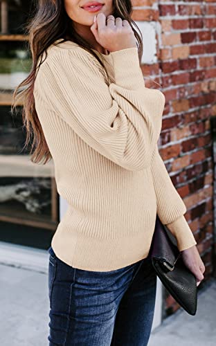 Huiyuzhi Womens Puff Sleeve Pullover Sweaters Crew Neck Soft Slim Fit Solid Color Knitted Jumper2