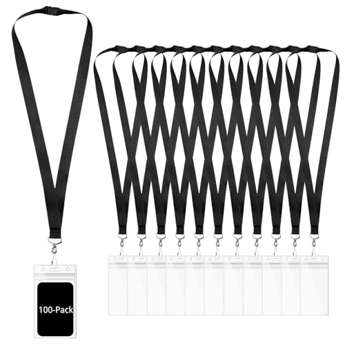 100-Pack Black Breakaway Lanyards with Waterproof Badge Holders, Polyester Neck Straps for ID Cards, Events, Office, and Schools