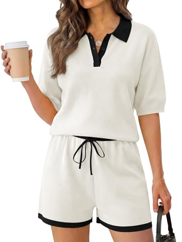 Image of Tankaneo Womens 2 Piece Short Sets Short Sleeve Knit Tops Vacation Outfits | Sweater Fabric, 2026 Summer, Collared, Matching Lounge Set