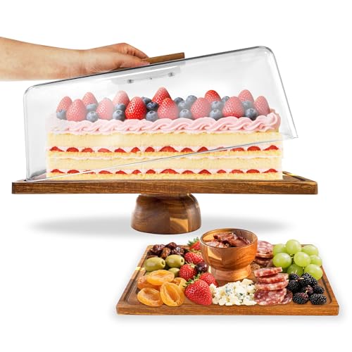 Acacia-Wood-Cake-Stand With Acrylic Lid, Rectangular Cake Plates Charcuterie Board With Cover, 2-in-1 Cake Holder With Dome,Dessert Table Display Stand For Cheese, Chips & Dips, Nachos, Fruit Platter by Mozphae - Used condition - US$43.69
