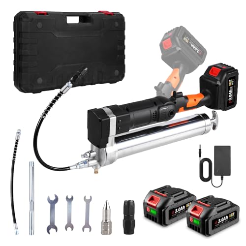 ONEVAN engrasadora bateria, 10.000 PSI Pistola engrasadora eléctrica con 2 baterías de 3000 mAh, Mango Giratorio de 90°, Bomba de engrase con Manguera y Tubo rígido para Equipos mecánicos