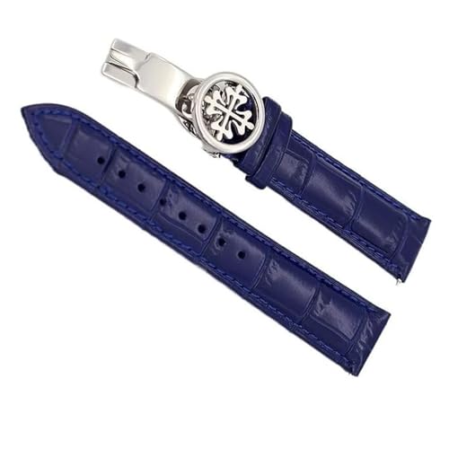 Bracelet de montre en cuir véritable boucle déployante acier inox bleu or 22mm
