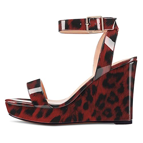 Image of Aachcol Women Platform Wedge Sandals Round Peep Open Toe Ankle Strap Slingback Two-Piece Chunky Block High Heel Dress Shoes Pumps Party Patent 4 Inch