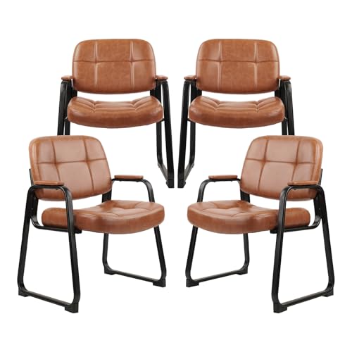 Image of CLATINA Big & Tall 500 lbs Waiting Room Chairs with Padded Armrests and Sled Base, Leather Stationary No Wheels Office Guest Chair for Reception Lobby Home and Meeting Conference, Brown (4 Pack)