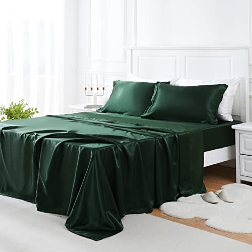 GOLAL Satin Sheets Queen Size - 4 Pieces Luxury Silky Soft Bed Sheets, Wrinkle-Free Dark Green Satin Silk Sheet Set with 1 Deep Pocket Fitted Sheet, 1 Flat Sheet, 2 Pillow Cases