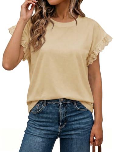 Image of Tankaneo Womens Summer Crewneck T-Shirts Lace Cap Sleeve Tops Dressy Casual Loose Fit Work Basic Tees Outfits 2026