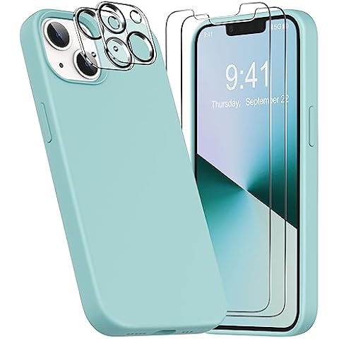 YATWIN [5 in 1 Designed for iPhone 13 Case with 2X Screen Protector + 2X Camera Lens Protector, Liquid Silicone Slim Soft Rubber Shockproof Phone Case Cover for iPhone 13 (6.1") - Gemstone Green Cover