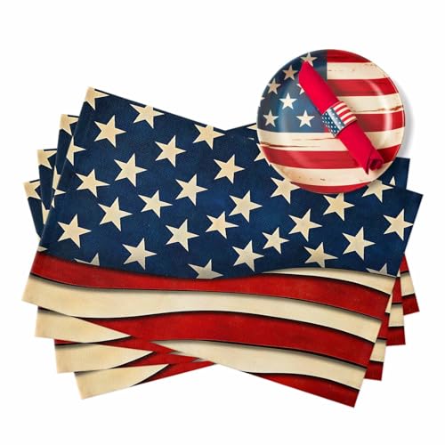 Rustic American Flag Placemats Independence Day Tables Mats Set of 4 for Kitchen Dining Patriotic USA Flags 4th July Tablemats Heat Resistant Non-Slip Place Mats for Holiday Party Home Decor Set of 4