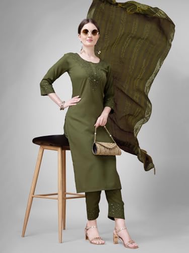 Image of Women's Elegant Cotton Blend Kurta Pant Dupatta Set with Embroidery - Fully Stitched