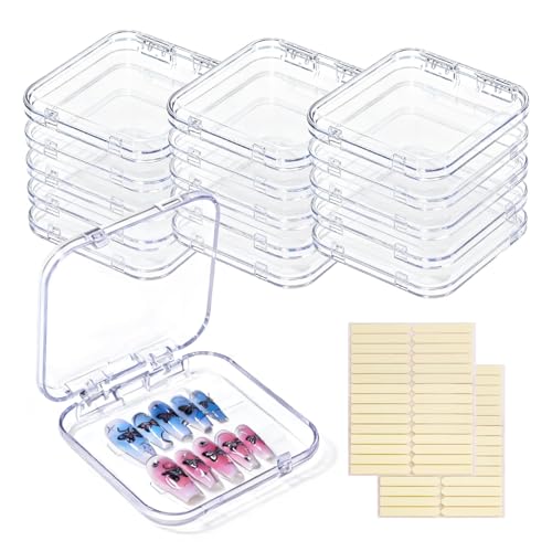 16 pcs Boîte press on nails vide transparente,press on nail organizer en plastique pour rangement ongle et capsules,présentoir nail art avec ruban adhésif...