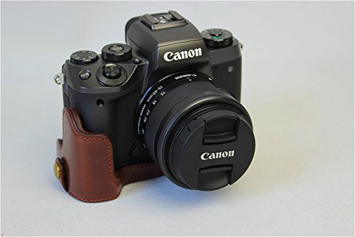 EOS M5 Case, BolinUS Handmade Genuine Real Leather Half Camera Case Bag Cover for Canon EOS M5 Bottom Opening Version + Hand Strap -Coffee