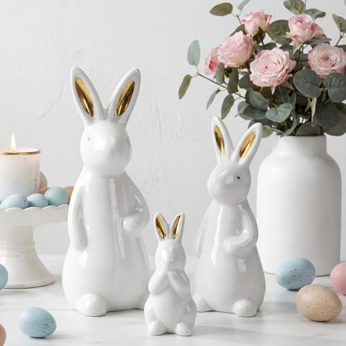 Figurines decorativas de conejos cerámicos blancos x3