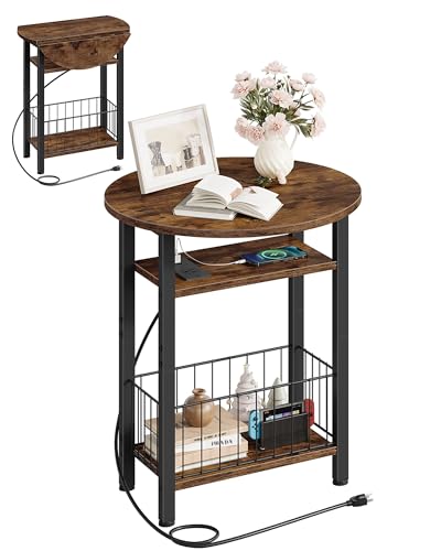 Narrow Side Table with Power Outlet and Storage Basket, 3-Tier Sl...