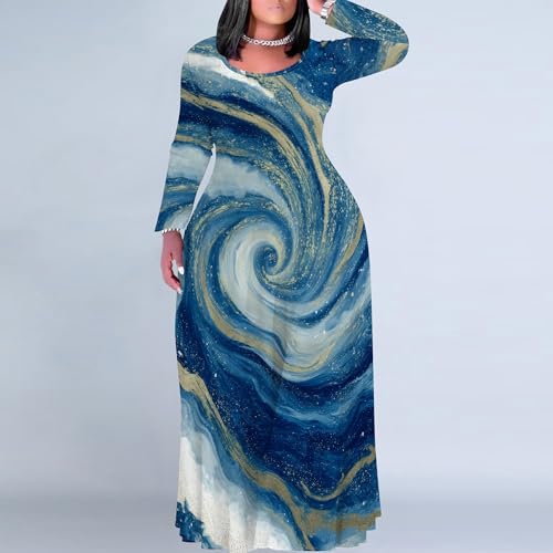 Image of PinkPatty Plus Size Maxi Dress for Curvy Women Crew Neck Long Sleeves Casual Dress Vacation Sundresses with Pockets