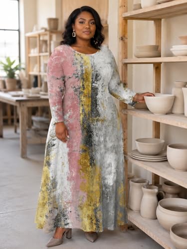 Image of PinkPatty Plus Size Maxi Dress for Curvy Women Crew Neck Long Sleeves Casual Dress Vacation Sundresses with Pockets