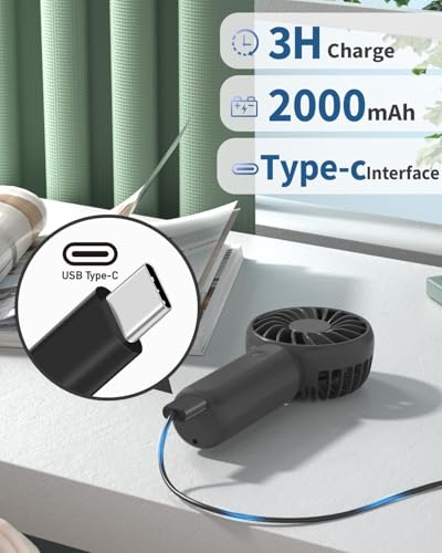 Image of TEKCOOL Portable Mini Fan - Rechargeable Hand Fan with 3 Adjustable Speeds, 2000mAh Battery, Lightweight Design, Low Noise, and Easy Portability for Indoor and Outdoor Use (Black)