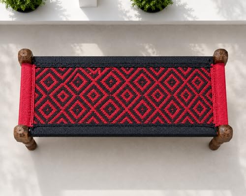 Image of Handwoven Wooden Bench | Traditional Rope Charpai Stool | Solid Wood Frame Seating for Living Room, Balcony & Outdoor | Durable & Stylish Design (Black & Red Finish)