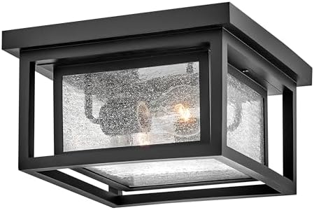 Hinkley Republic Small Flush Mount Outdoor Ceiling Light, Composite, Clear Seedy Glass Panes, Anti-Fading Finish, Black Finish