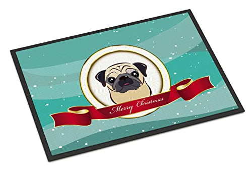 Caroline's Treasures BB1572JMAT Fawn Pug Merry Christmas Doormat 24x36 Front Door Mat Indoor Outdoor Rugs for Entryway, Non Slip Washable Low Pile, 24H X 36W