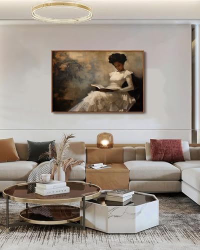 Image of KISSFOX Vintage Framed Wall Art Decor Victorian African American Pictures Paintings Wall Decor Moody Black Girl Reading A Book Canvas Art Prints Modern Farmhouse Black Woman Artwork For Kitchen