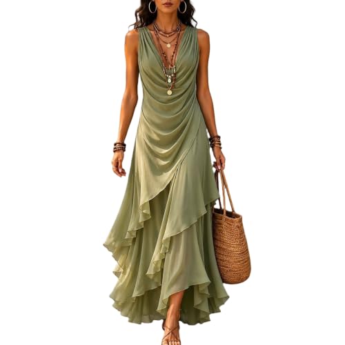 Beach Cover Ups for Women Dinner Dress Fall Dresses Women Summer Maxi V-Neck Sleeveless Dress Layered Ruffle Hem Chiffon Solid Relaxed Beach Vacation Casual Boho Dresses for Cover (Light Green,XXL)