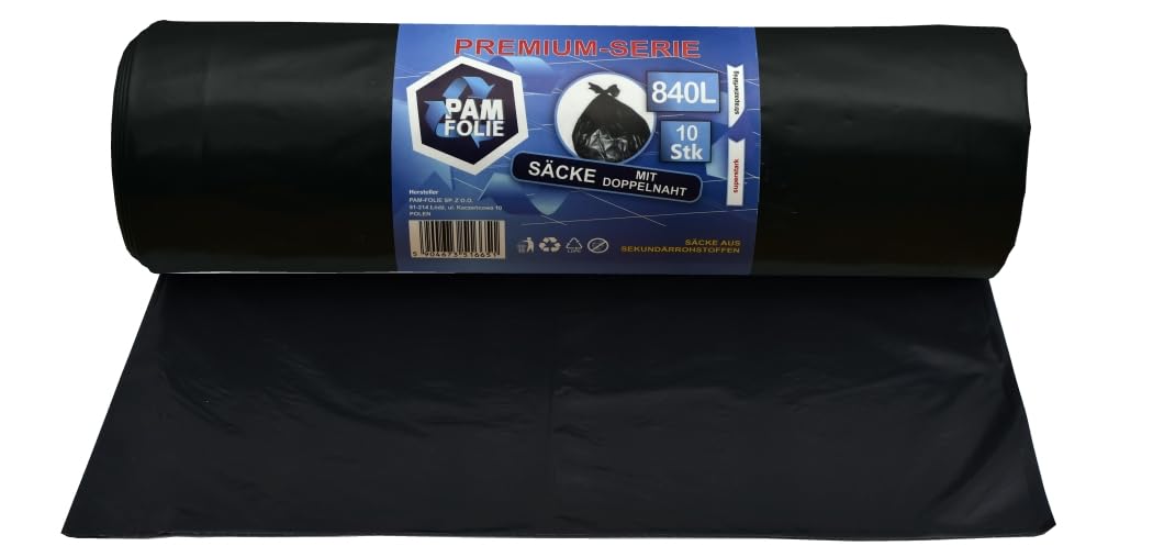 Pam-Folie Black, 840L/40Μm Heavy Duty Waste Bags - 840L, 10 Pack - Black, - Ideal For Construction Waste & Heavy-Duty Disposal