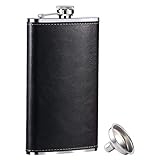 GENNISSY 10oz Whiskey Flask for Men - Stainless Steel Hip Flask with Black Leather, Leakproof with Funnel & Never Lose Cap, Gift for Men(Groomsmen, Camping, Wedding)