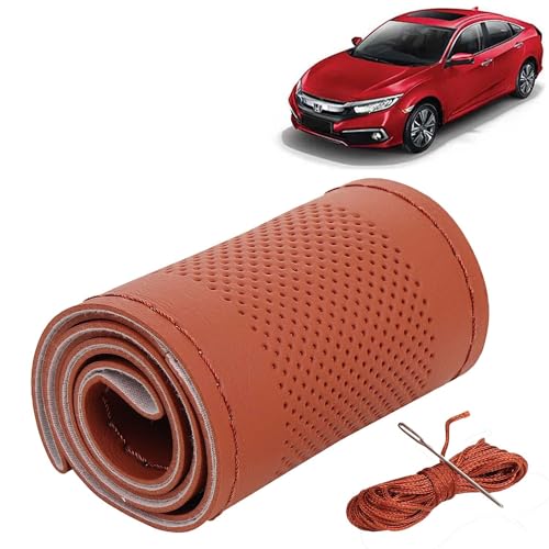 Image of KINGSWAY PU Leatherite Car Steering Cover Sewable Compatible with Honda Civic (Year 2019 Onwards), Tan Color with Tan Thread, Pack of 1 with Sewing Needle and Thread
