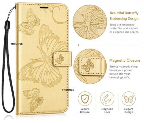 Image of TROUNCE Butterfly Embossing Shock Proof Flip Cover with Card Cash Holder Wallet Case & Magnetic Lock|Mobile Cover|Back Cover- Gold for Google Pixel 8