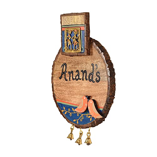 Image of Aakriti Art Creations Peacock Anand Handcrafted Dhokra Brass Art Solid Wood Nameplate for Home Entrance | Personalised Name Plate | Customised Wooden Name Sign | Decorative Door Name Plate