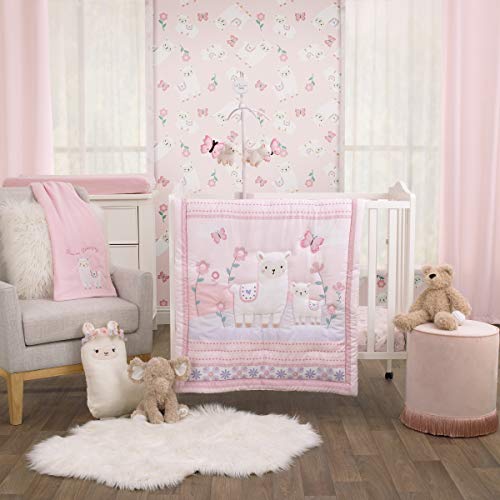 Image of Little Love by NoJo Sweet Llama and Butterflies Floral Pink and Purple 3 Piece Mini Crib Bedding Set - Comforter and 2 Mini Crib Sheets
