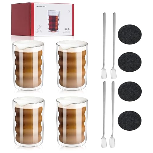 GARPROVM Bicchieri Caffe Doppio Vetro 80ml Set 4 Pezzi, Tazzine con Cucchiaino e Sottobicchiere, Tazze Doppio Fondo