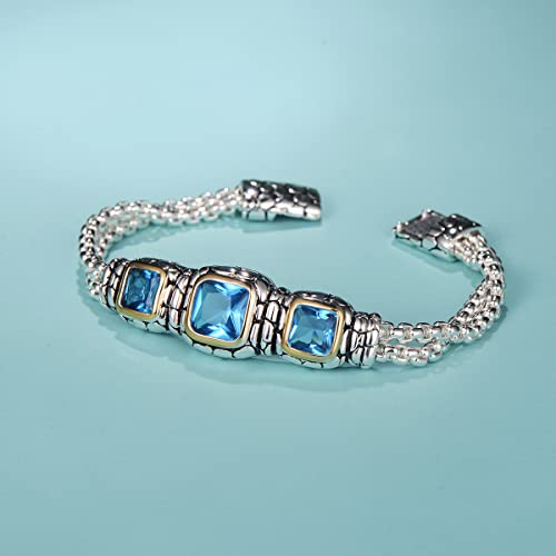 Uny Jewel Jewelry Three Cz Stone Two Strand Box Chain Magnetic Clasp Two Tone Bracelet Designer Inspired Christmas Day Gifts (Blue 6.5 Inch) #TOP1