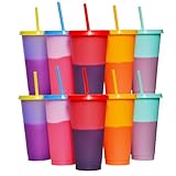 Yisituo 710ml Becher mit Deckel und Strohhalm, 10 Stück Farbwechsel Becher, für Kinder, Mehrweg Plastikbecher, für Partys, Smoothies und Travel (10, Farbenfroh)
