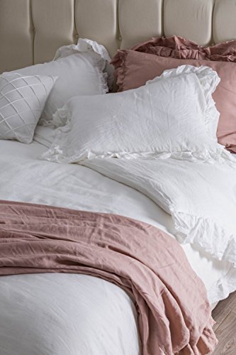 meadow park Stone Washed Pure Linen Duvet Cover Set 3 Pieces - King Size - 104 inches x 94 inches - Shams 20 inches x 36 inches, Double Ruffled Edge Style - Corner Ties, Super Soft, White - Thumbnail 7