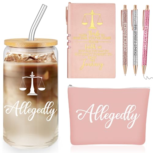 Domensi 6 Pcs Funny Lawyer Gifts for Women Allegedly Back to School Essentials for Law School Student 16 oz Glass Cup Tumbler Makeup Bag Notepad Ballpoint for Law Bar Study Paralegal Attorney(Pink)