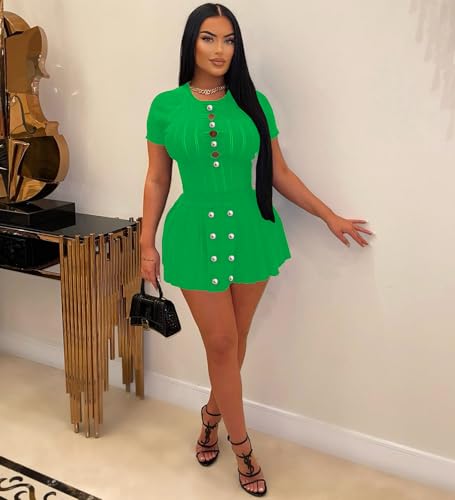 Image of Two Piece Outfits for Women Summer Going Out Knit Crop Tops Pleated Mini Skirt Sets Short Sleeve Mini Dress
