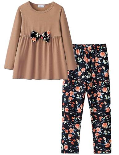 Yekaty Girls Outfits Kids Soft 2 Pcs Clothes Set Khaki Crewneck Tops With Bowknot Floral Loose High Waist Leggings Sets