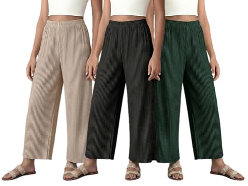 Image of Set of Combo Trouser and Pants for Girls and Women's Relaxed Fit Stretchable Regular Fit Palazzos Lightweight Elastic Waistband Bottoms for Daliy Office & Casual Wear
